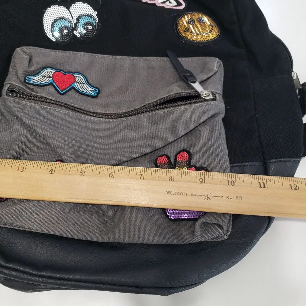 Black and Grey Fun Backpack with Decor, Approx. 17 x 12 x 6